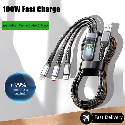 100W Fast Charging Cable 3-in-1 — USB-C, Lightning & Micro USB