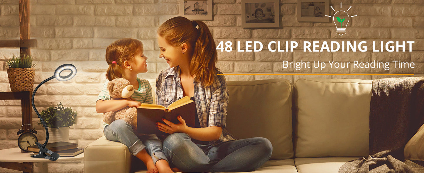 48 LED Clip Desk Lamp — Flexible USB Reading Light with 3 Color Modes