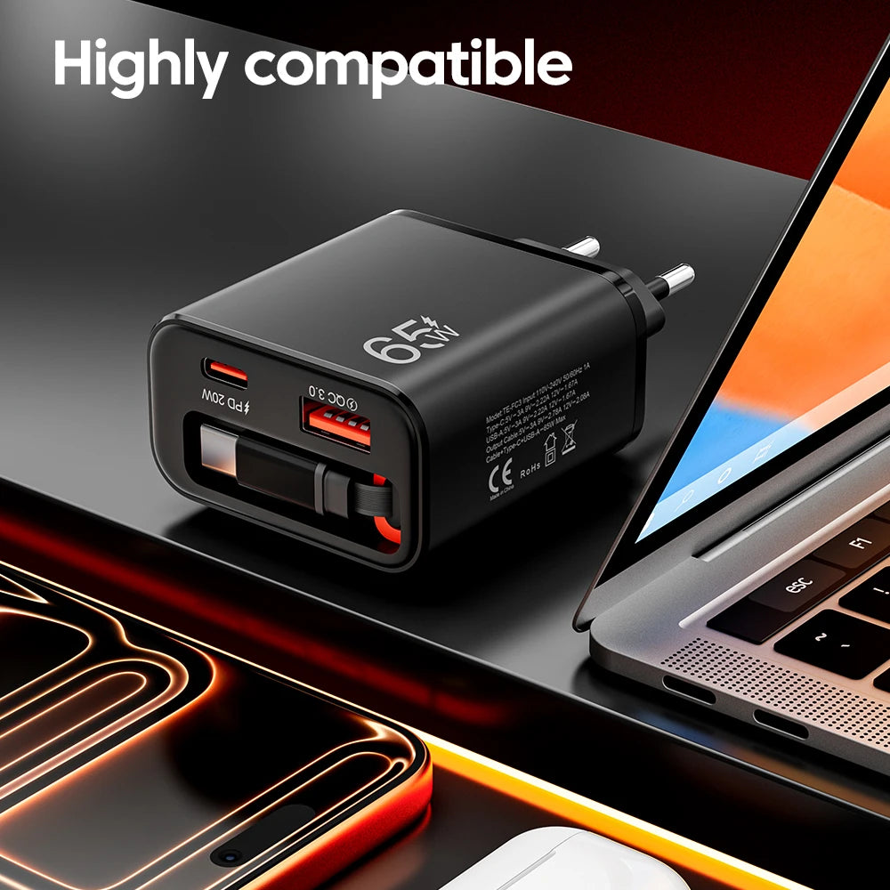 65W GaN Fast Charger — Ultra-Thin USB-C Wall Charger for iPhone & Laptop